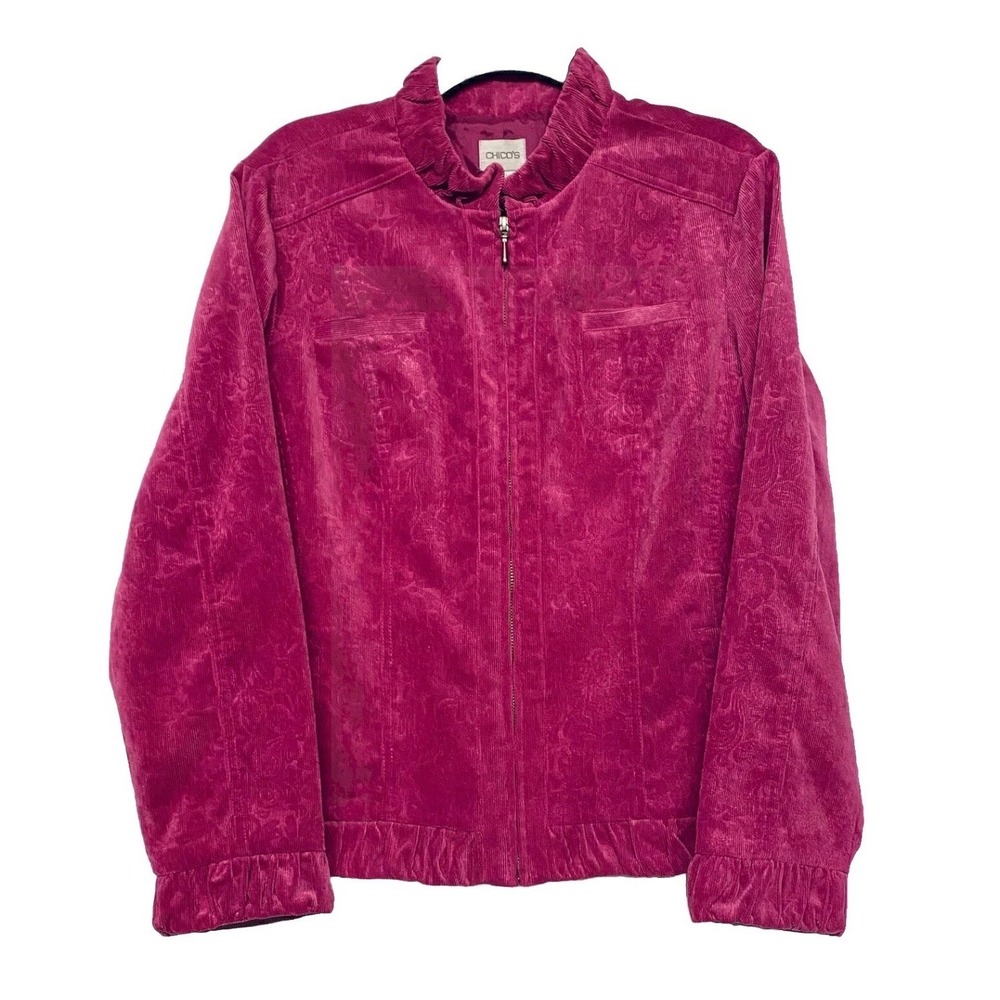 Chicos 3 Magenta Pink Paisley Corduroy Ruffle Zip Jacket US 16 Floral pattern